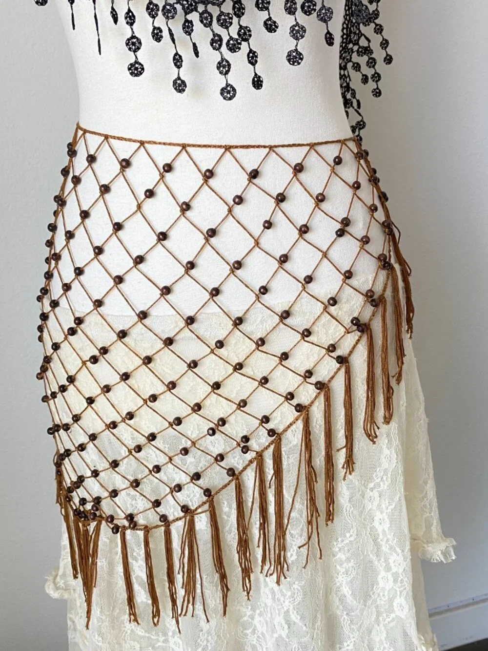 Boho Brown Beaded Hip Scarf & Fringe Belt